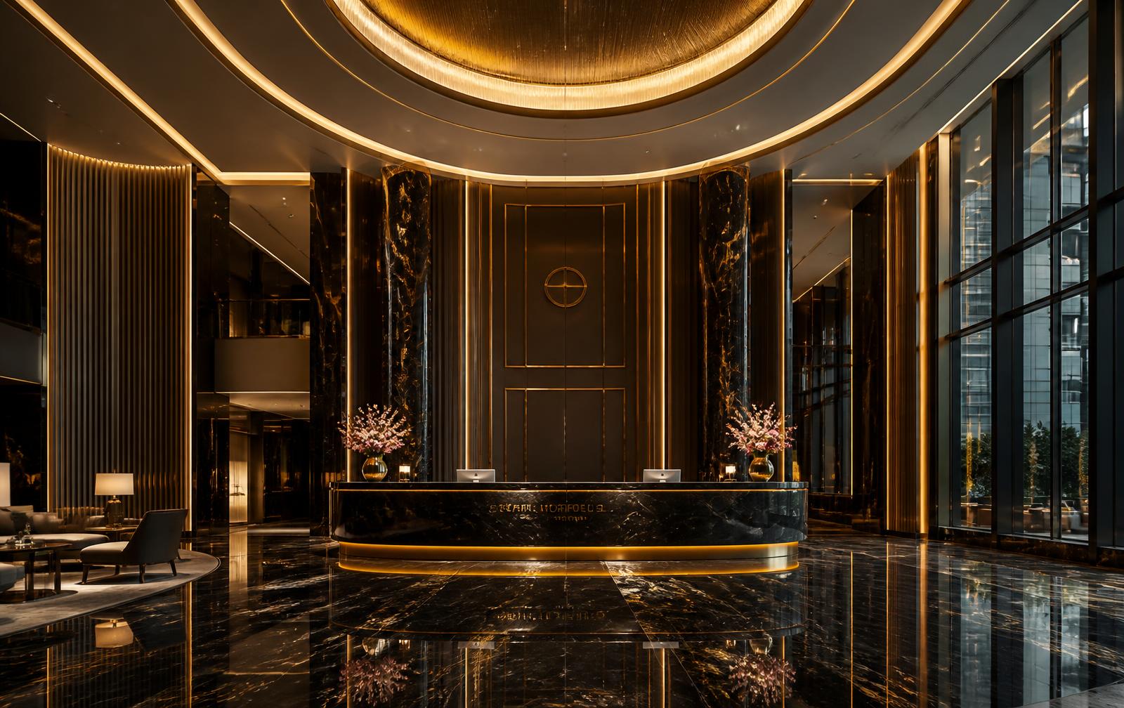 Modern luxury hotel atrium with an illuminated reception desk